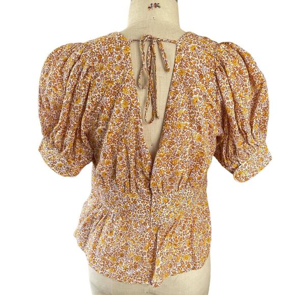 J Crew Puff-Sleeve V-Neck Top in Yellow Scattered Blooms Floral Print Size 10 - Picture 4 of 7